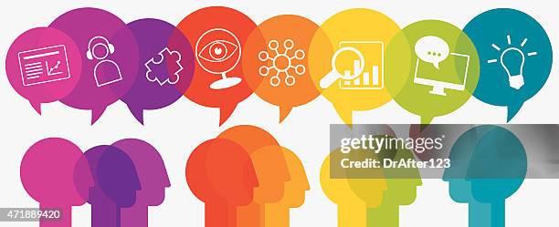 stockillustraties, clipart, cartoons en iconen met webinar concept heads with speech bubbles and icons - participant