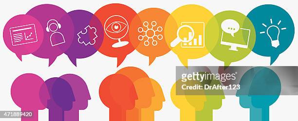 webinar concept heads with speech bubbles and icons - participant stock illustrations