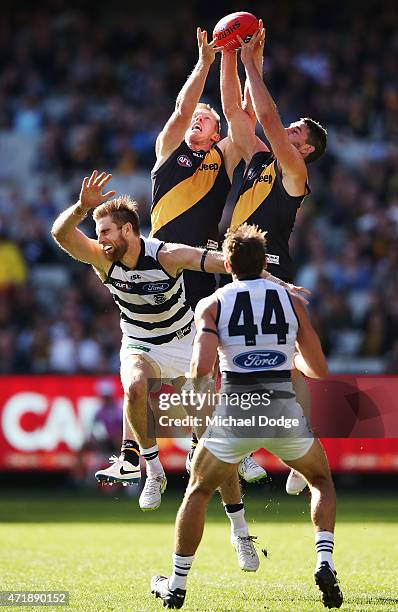 Jack Riewoldt of the Tigers and Chris Newman competes for the ball over Jared Rivers of the Cats during the round five AFL match between the Richmond...