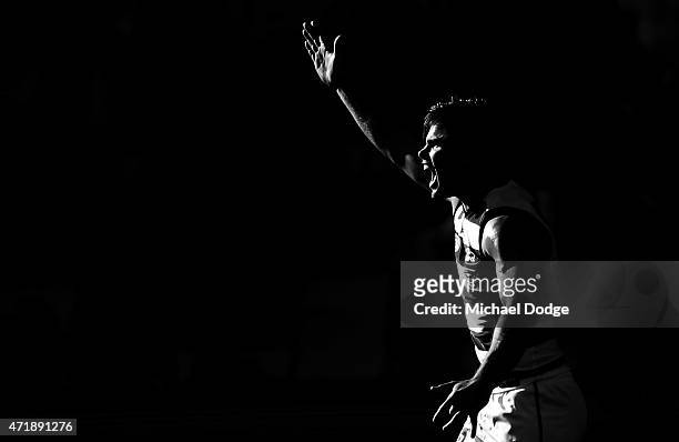 Tom Hawkins of the Cats calls for the ball during the round five AFL match between the Richmond Tigers and the Geelong Cats at Melbourne Cricket...