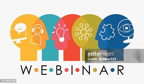 webinar multiple overlapping heads with icons - wisdom stock illustrations