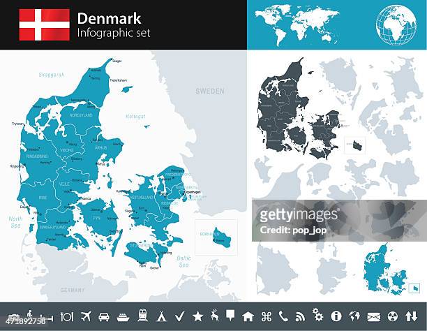 dänemark – infografik karte-illustration - map copenhagen stock-grafiken, -clipart, -cartoons und -symbole