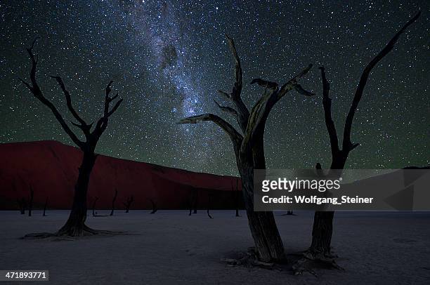 dead vlei und milchstraße - namibia sternenhimmel stock-fotos und bilder