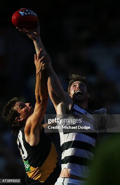 Ivan Maric of the Tigers competes for the ball against Dawson Simpson of the Cats during the round five AFL match between the Richmond Tigers and the...