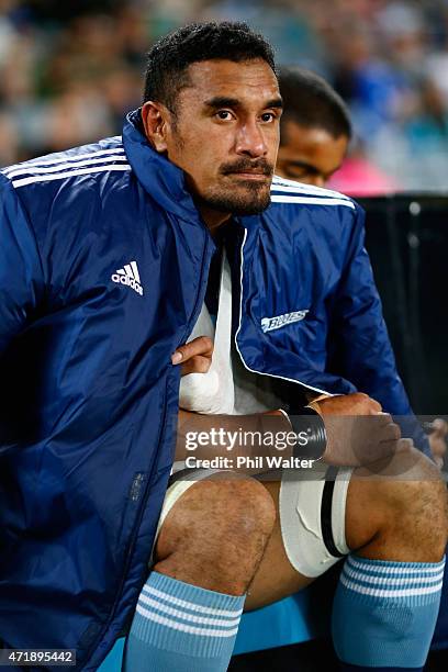 Jerome Kaino of the Blues sits injured on the bench during the round 12 Super Rugby match between the Blues and the Force at Eden Park on May 2, 2015...