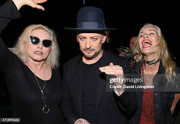 Singers Debbie Harry and Boy George and guest attend a Debbie Harry and Chris Stein hosted cocktail party at the Hollywood Roosevelt Hotel on May 1,...