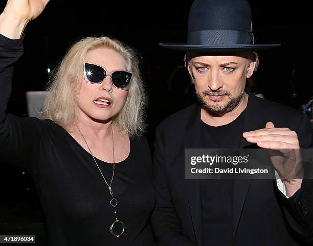 Singers Debbie Harry and Boy George attend a Debbie Harry and Chris Stein hosted cocktail party at the Hollywood Roosevelt Hotel on May 1, 2015 in...