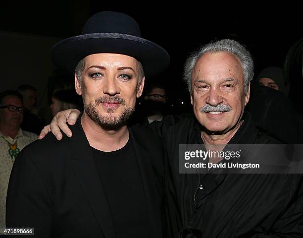 Singer Boy George and record producer Giorgio Moroder attend a Debbie Harry and Chris Stein hosted cocktail party at the Hollywood Roosevelt Hotel on...