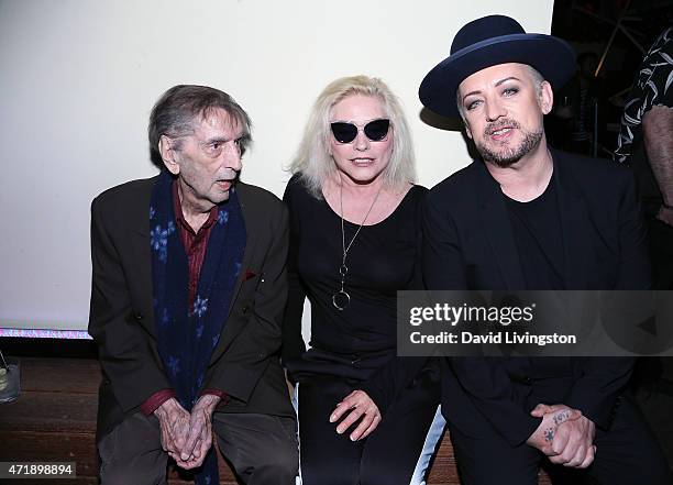 Actor Harry Dean Stanton and singers Debbie Harry and Boy George attend a cocktail party hosted by Debbie Harry and Chris Stein at the Hollywood...