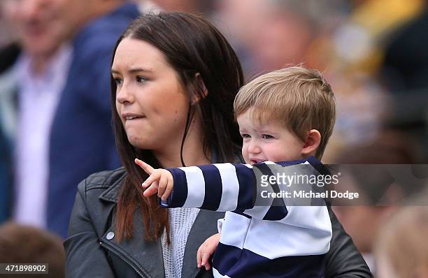 Cats fans show their support during the round five AFL match between the Richmond Tigers and the Geelong Cats at Melbourne Cricket Ground on May 2,...