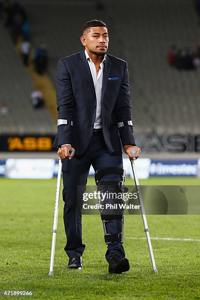 Charles Piutau of the Blues is injured with crutches during the round 12 Super Rugby match between the Blues and the Force at Eden Park on May 2,...