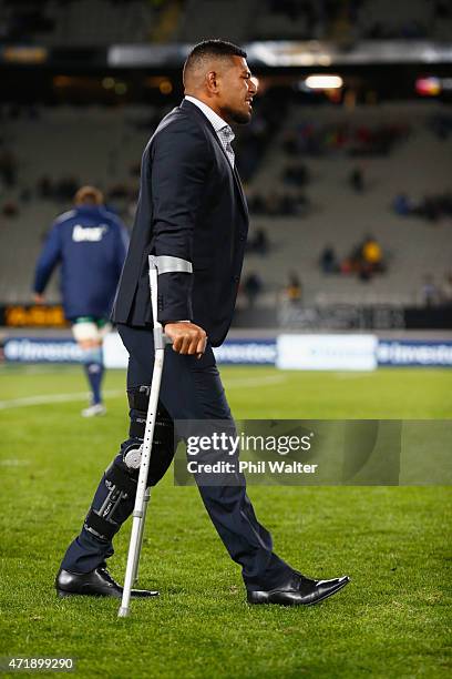 Charles Piutau of the Blues is injured with crutches during the round 12 Super Rugby match between the Blues and the Force at Eden Park on May 2,...