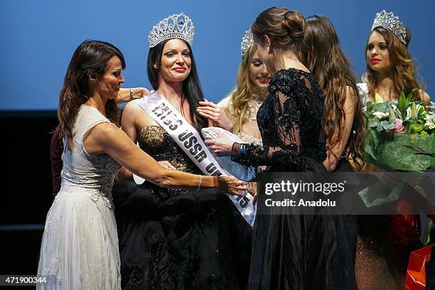 Anastasia Gavris from Estonia wins 'Miss USSR UK' beauty pageant's final show at Troxy Theatre in London, England on May 1, 2015. Miss USSR UK is a...