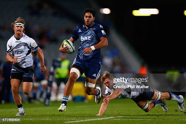 Ikira Ioane of the Blues runs in to score a try during the round 12 Super Rugby match between the Blues and the Force at Eden Park on May 2, 2015 in...