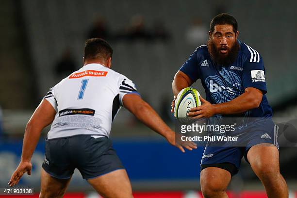 Charlie Faumunia of the Blues in action during the round 12 Super Rugby match between the Blues and the Force at Eden Park on May 2, 2015 in...