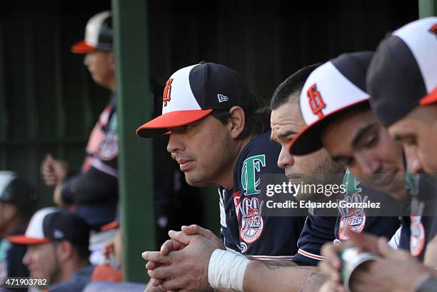 Pablo Ortega of Tigres looks on during a match between Guerreros de Oaxaca v Tigres de Quintana Roo as part of Mexican Baseball League 2015 at...