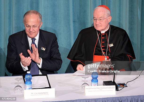 Supreme Knight of Knights of Culumbus Carl Anderson and Cardinal Marc Ouellet attends a conference on the canonization of Junipero Serra in light of...