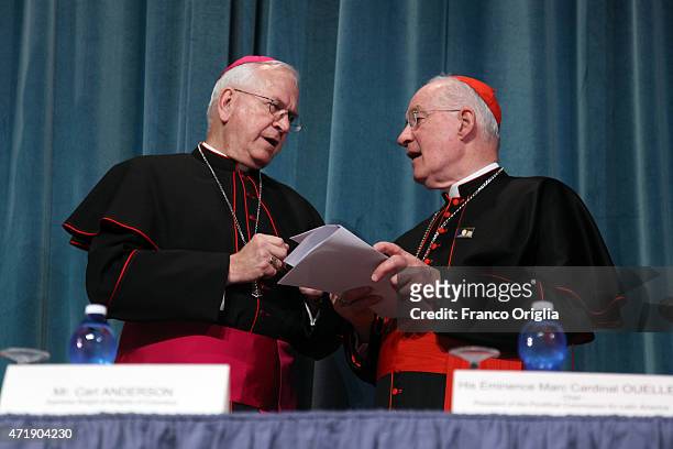 President of the United States Conference of Catholic Bishops Joseph Edward Kurtz and Cardinal Marc Ouellet attend a conference on the canonization...