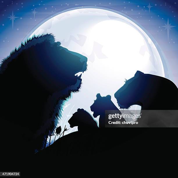 the lion's pride silhouettes safari against blue moon - mountain-lion-silhouette stock illustrations
