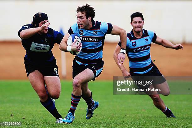 Jordan Walters of Marist makes a break during the club rugby game between Ponsonby and Marist at Western Springs Stadium on May 2, 2015 in Auckland,...