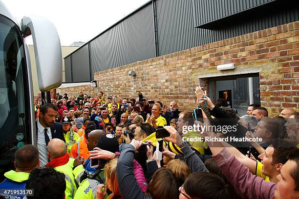 Watford fans crowd the team bus as Watford manager Slavisa Jokanovic steps off ahead of the Sky Bet Championship match between Watford and Sheffield...