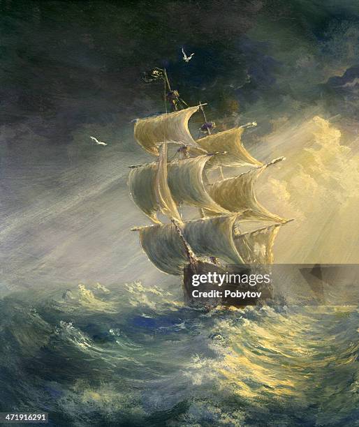 stormy sea - tall ship stock illustrations