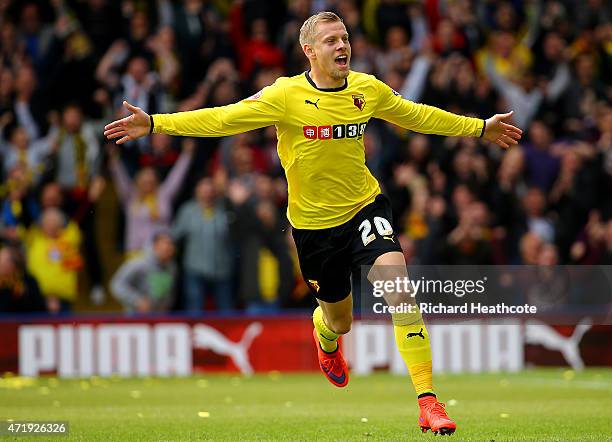 Matej Vydra of Watford celebrates scoring the opening goal during the Sky Bet Championship match between Watford and Sheffield Wednesday at Vicarage...