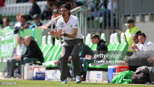 Head coach Thomas Brdaric of Wolfsburg II during the Regionalliga Nord match between Werder Bremen II and VFL Wolfsburg II at AOK-Stadion on May 2,...