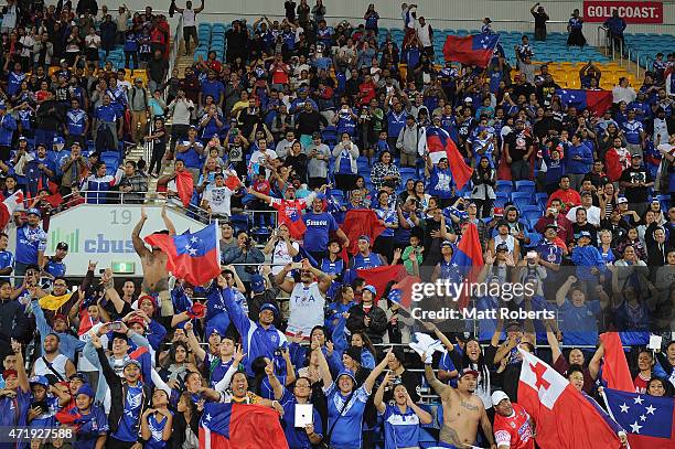 Fans cheer during the International Test Match between TOA Samoa and Tonga at Cbus Super Stadium on May 2, 2015 on the Gold Coast, Australia.