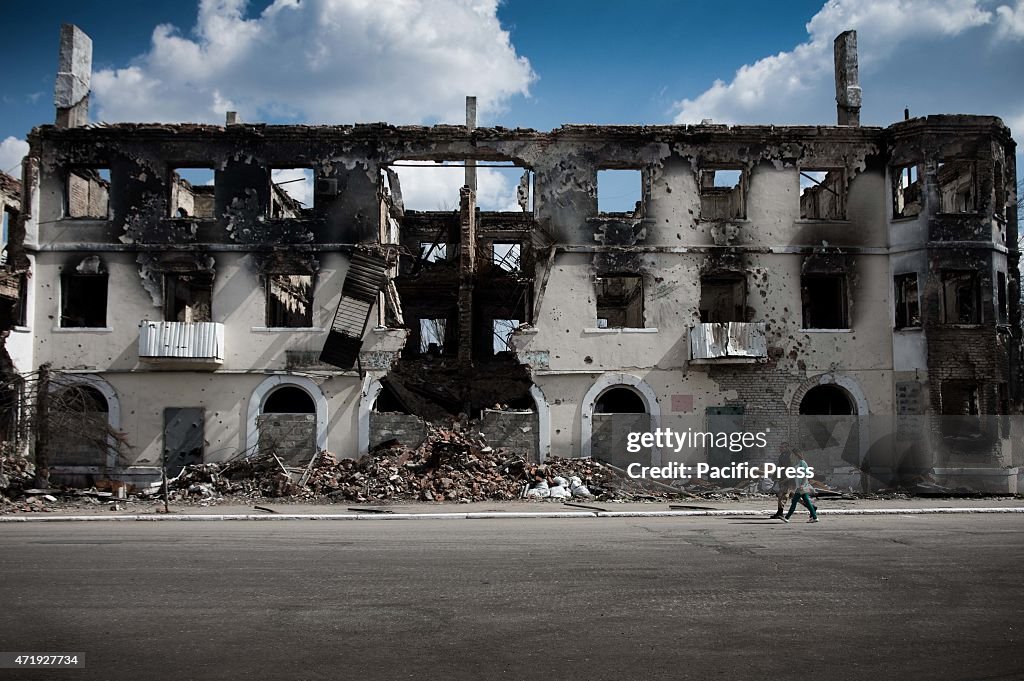 A destroyed building seen in the town of Debaltseve, the...