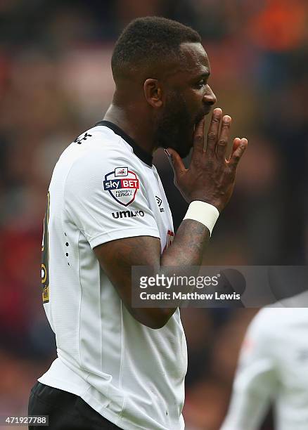 Darren Bent of Derby looks on, after having a penalty kick saved during the Sky Bet Championship match between Derby County and Reading at iPro...