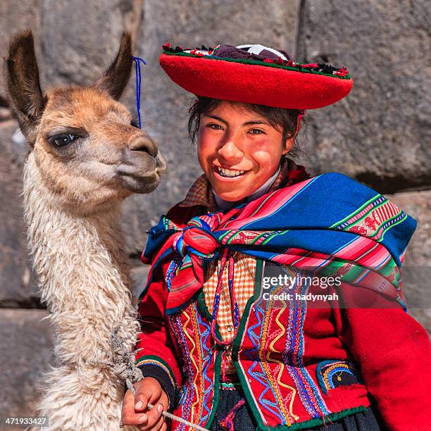 bambina indossa costume nazionale del perù in posa con lama vicino a cuzco - cordigliera delle ande foto e immagini stock