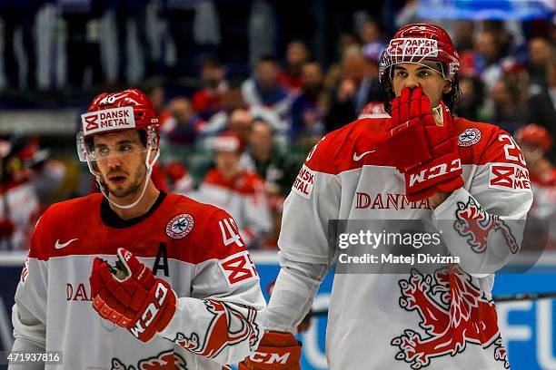 Oliver Lauridsen of Denmark reacts during the IIHF World Championship group B match between Slovakia and Denmark at CEZ Arena on May 2, 2015 in...
