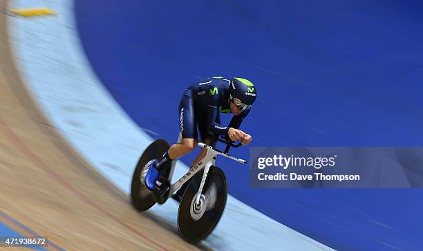 Alex Dowsett on his way to setting a new UCI Hour Record during the UCI Hour Record Attempt at the National Cycling Centre, on May 2, 2015 in...