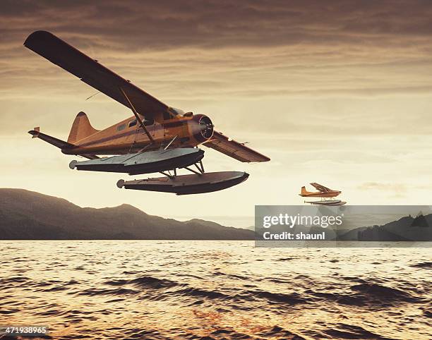 flugzeug in den sonnenuntergang - wasserflugzeug stock-fotos und bilder