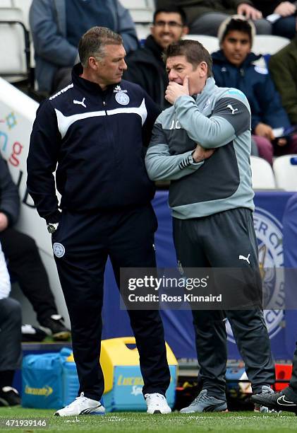 Nigel Pearson the Leicester manager and Newcastle Manager John Carver during the Barclays Premier League match between Leicester City and Newcastle...