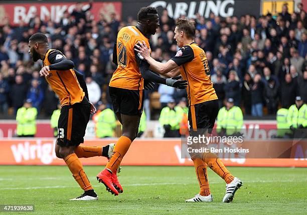 Bakary Sako of Wolves celebrates after scoring his team's fourth goal of the game during the Sky Bet Championship match between Wolverhampton...
