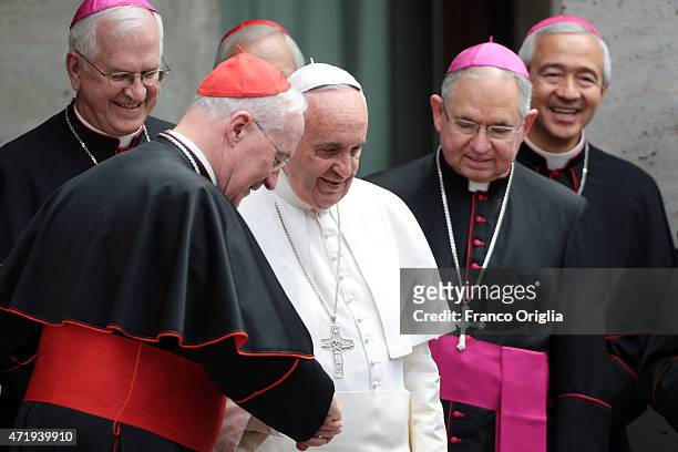 Pope Francis , flanked by Cardinal Marc Ouellet, Archbishop of Los Angeles Jose Gomez and President of the United States Conference of Catholic...