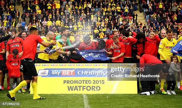 Watford celebrate promotion to the premier league after the Sky Bet Championship match between Watford and Sheffield Wednesday at Vicarage Road on...