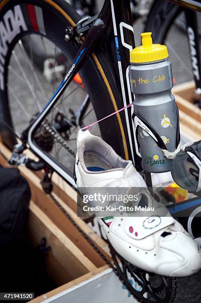 Pro athlete has attached his shoes to the bike with rubber bands during Norseman Xtreme Triathlon 2012 on August 5, 2012 in Norway. The race which...