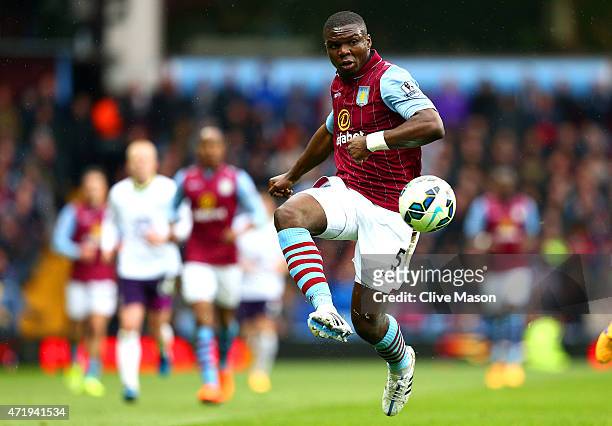 Jores Okore of Aston Villa controls the ball during the Barclays Premier League match between Aston Villa and Everton at Villa Park on May 2, 2015 in...