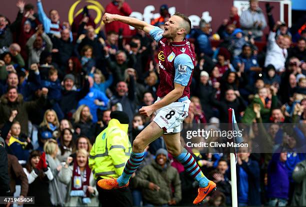 Tom Cleverley of Aston Villa celebrates his team's third goal during the Barclays Premier League match between Aston Villa and Everton at Villa Park...