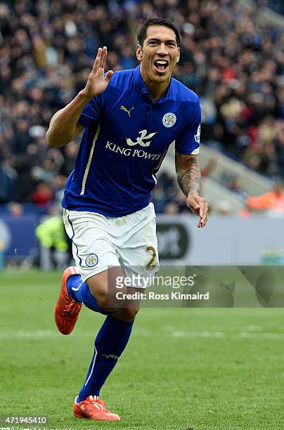 Leonardo Ulloa of Leicester City celebrates after he scores from the penalty spot during the Barclays Premier League match between Leicester City and...