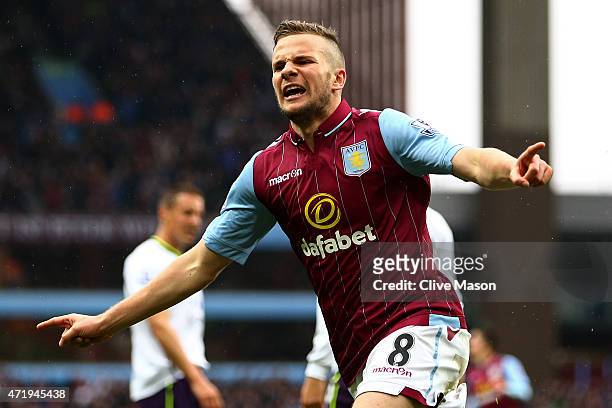 Tom Cleverley of Aston Villa celebrates his team's third goal during the Barclays Premier League match between Aston Villa and Everton at Villa Park...