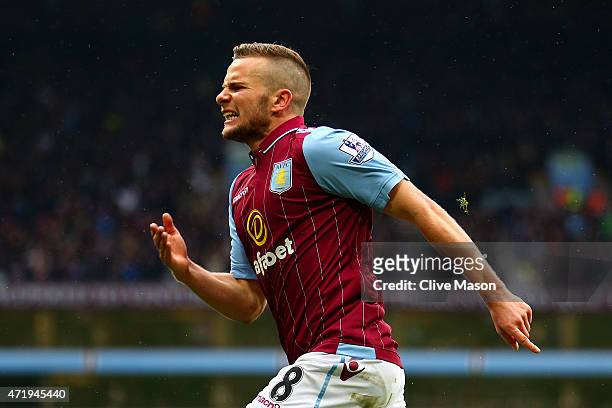 Tom Cleverley of Aston Villa celebrates his team's third goal during the Barclays Premier League match between Aston Villa and Everton at Villa Park...