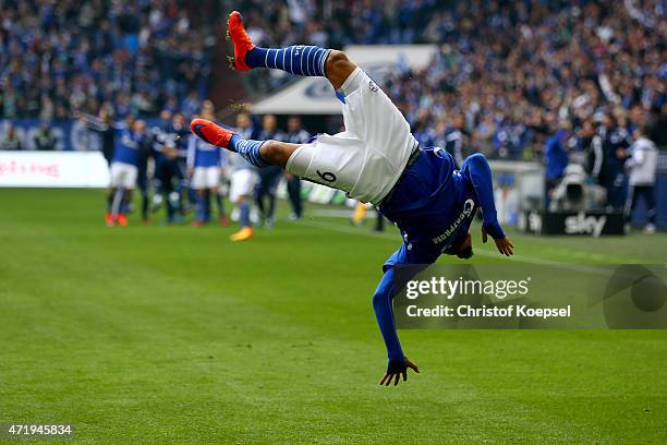 Kevin-Prince Boateng of Schalke celebrates the third and winning goal during the Bundesliga match between FC Schalke 04 and VfB Stuttgart at Veltins...