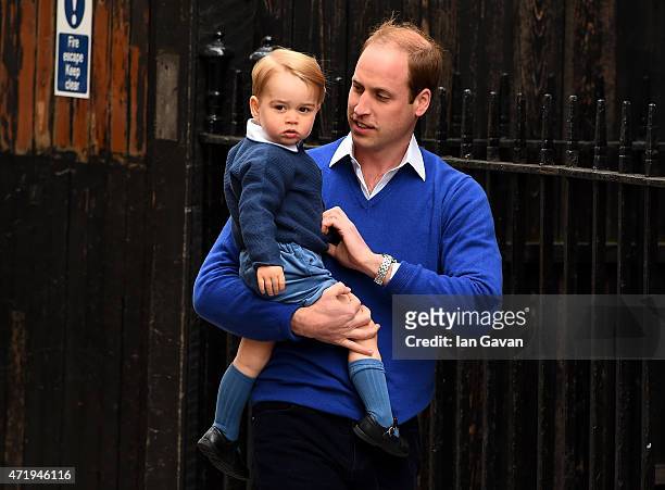 Prince William, Duke of Cambridge arrives with his son Prince George to the Lindo Wing of St Mary's Hospital on May 2, 2015 in London, England.