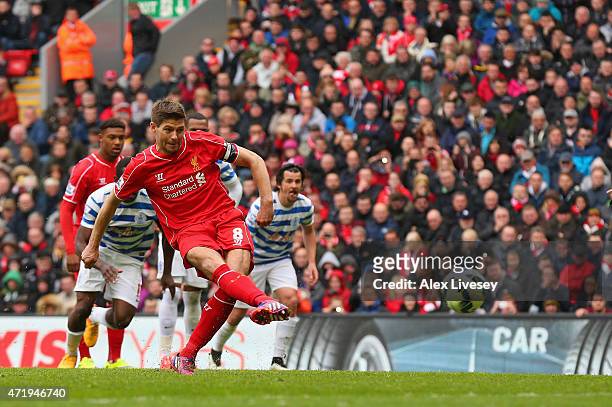 Steven Gerrard of Liverpool misses from the penalty spot during the Barclays Premier League match between Liverpool and Queens Park Rangers at...