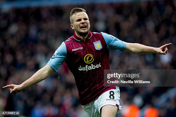 Tom Cleverley of Aston Villa celebrates his goal for Aston Villa during the Barclays Premier League match between Aston Villa and Everton at Villa...