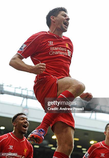 Steven Gerrard of Liverpool celebrates his winning goal during the Barclays Premier League match between Liverpool and Queens Park Rangers at Anfield...